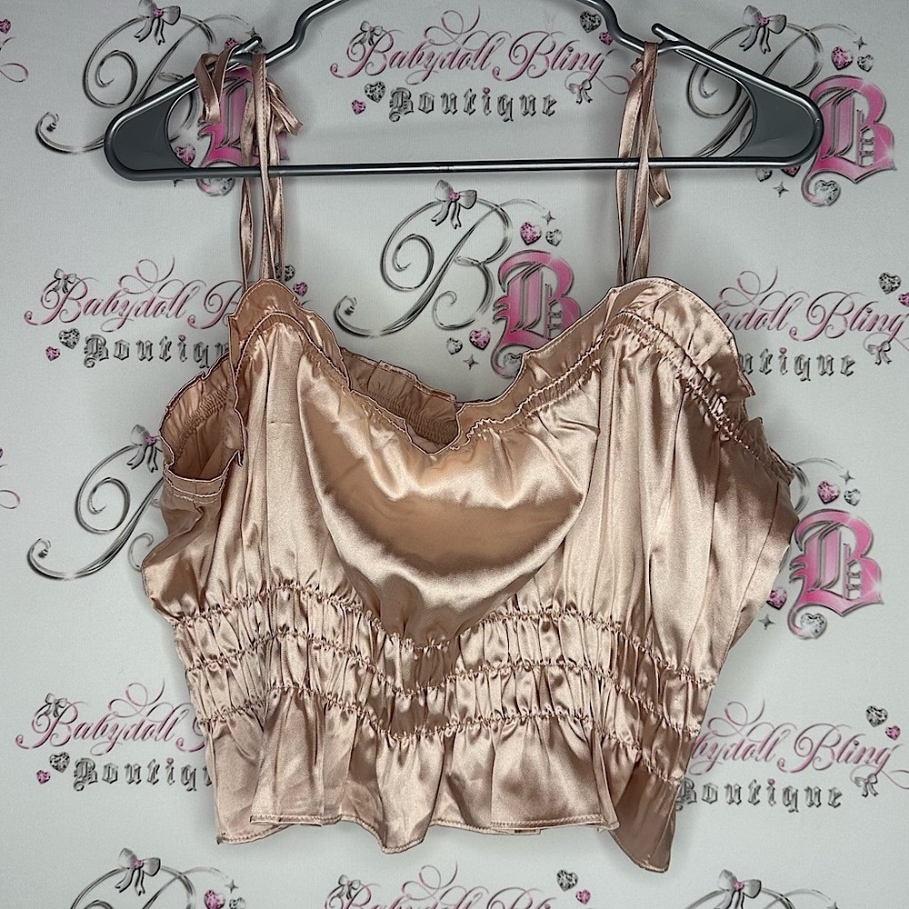 West of melrose tank top Satin Ruched Crop Top blush champagne rose shiny